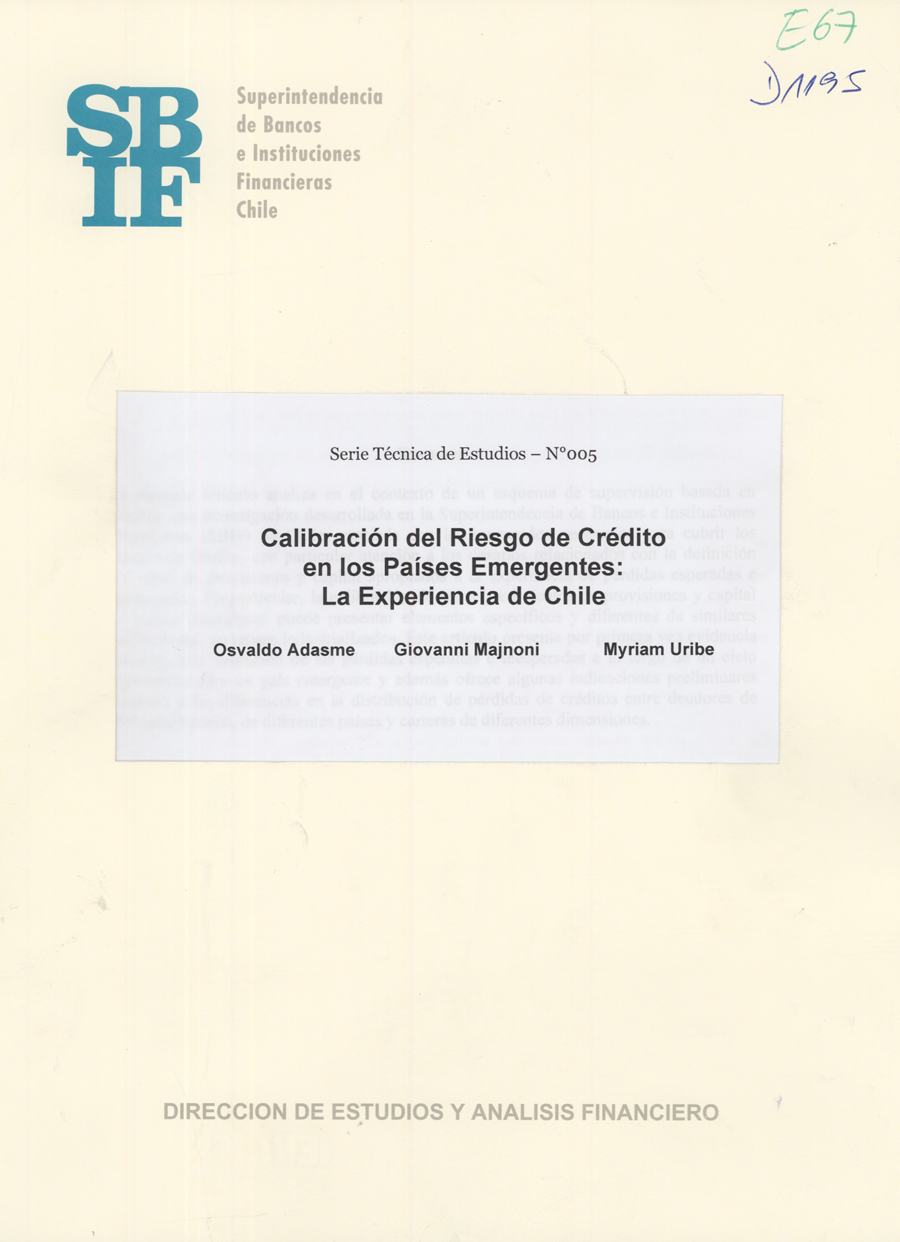 Imagen de la cubierta de Calibración del riesgo de crédito en los países emergentes: la experiencia de Chile.