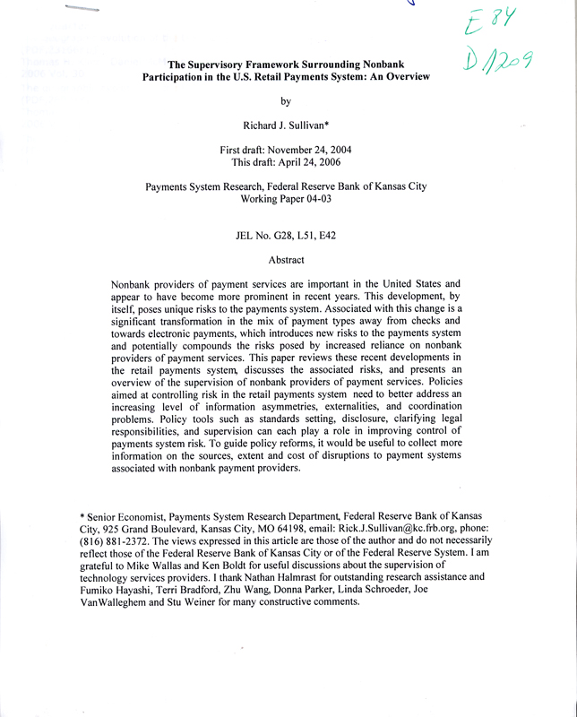 Imagen de la cubierta de The supervisory framework surrounding nonbank participation in the U.S. retail payments system: an overview