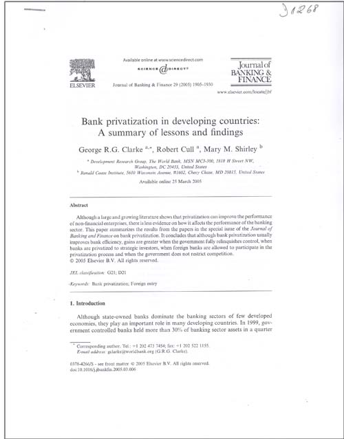 Imagen de la cubierta de Bank privitization in developing countries: A summary of lessons and findings