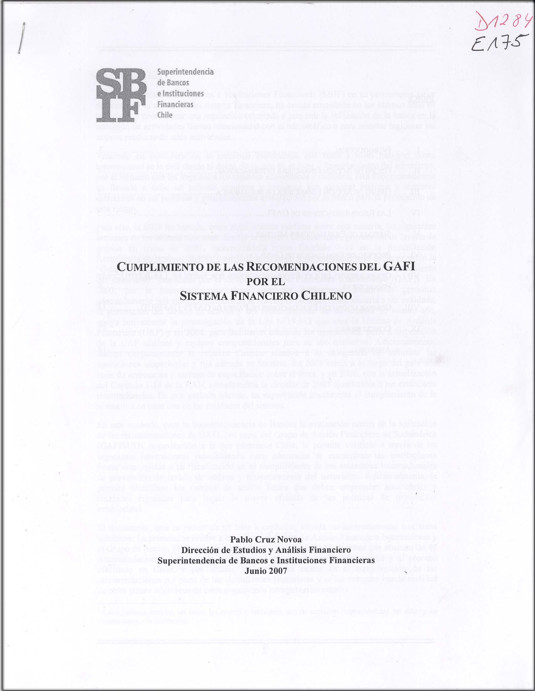 Imagen de la cubierta de Cumplimiento de las recomendaciones del GAFI por el Sistema Financiero Chileno