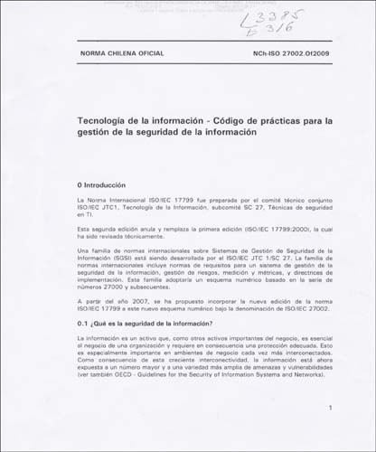 Imagen de la cubierta de Norma chilena Oficial. NCh-Iso 27002
