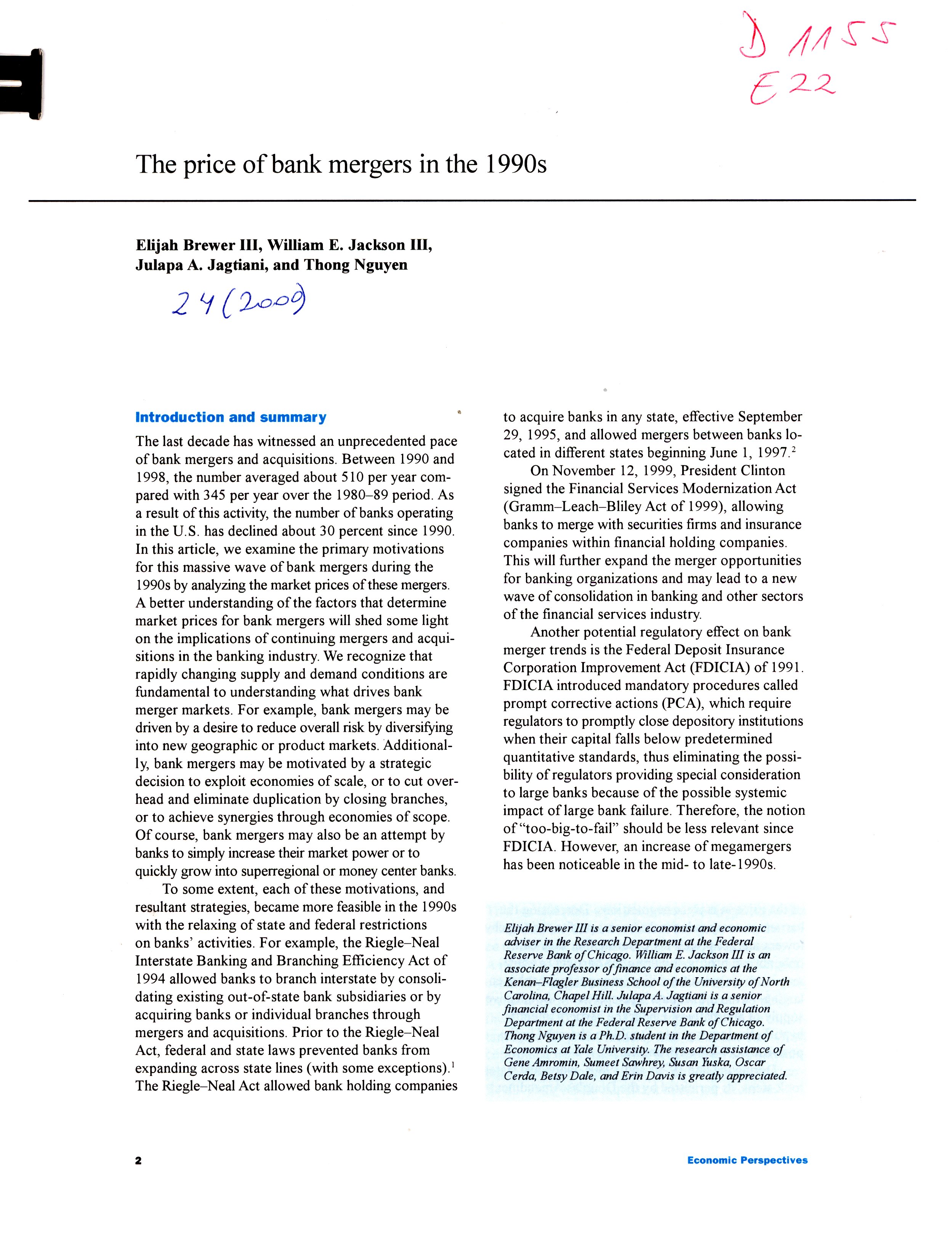 Imagen de la cubierta de The price of bank mergers in the 1990s