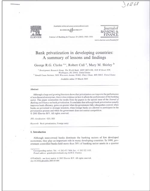 Imagen de la cubierta de Bank privitization in developing countries: A summary of lessons and findings