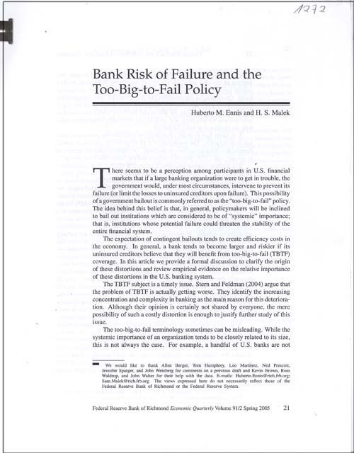 Imagen de la cubierta de Bank risk of failure and the too-big-to-fail-policy