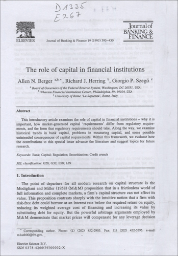 Imagen de la cubierta de The role of capital in financial institutions