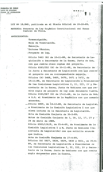 Imagen de la cubierta de Historia de la ley. Ley N° 18.840 Proyecto de Ley Orgánica Constitucional del Banco Central de Chile